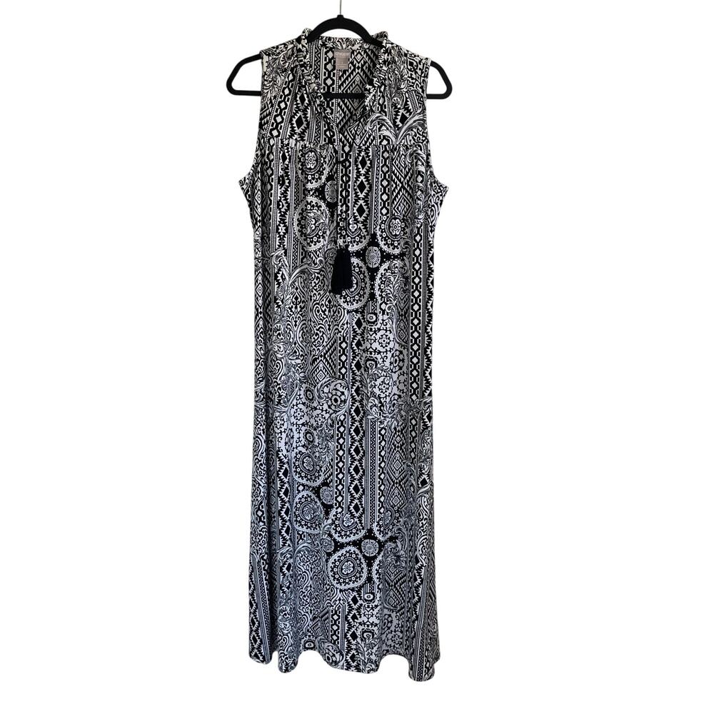 Chico’s Medallion Maxi Dress Sz L (12/14) Sleeveless Black White Tassels Boho